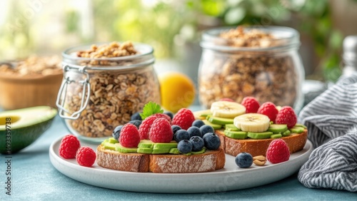 Healthy Breakfast with Avocado and Fruits