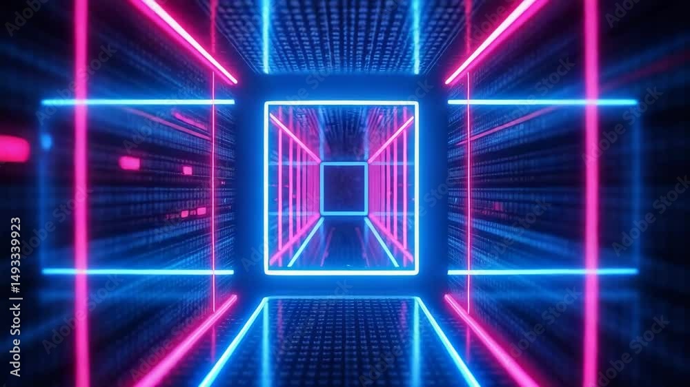 Glowing neon tunnel in cube layout with pink and blue lights and digital reflections, perfect for VJ backgrounds, sci-fi projects or tech visuals