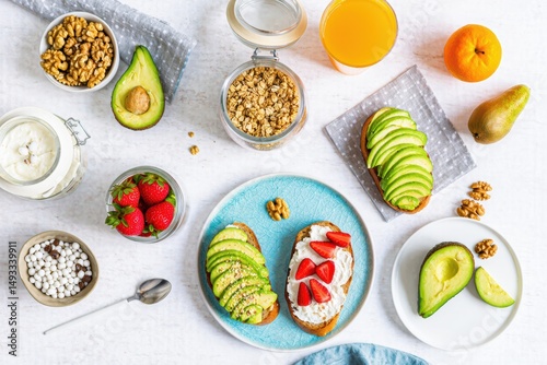 Healthy Breakfast with Avocado and Fruits