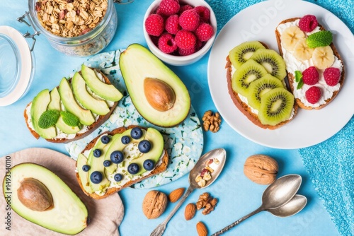 Healthy Breakfast with Avocado and Fruits