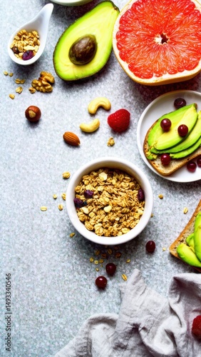 Healthy Breakfast with Avocado and Fruits