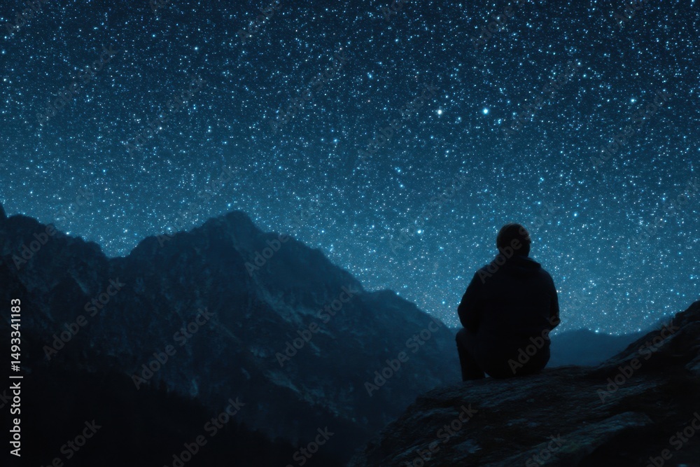 Fototapeta premium Silhouette of a Person Sitting on a Rock Gazing at the Starry Night Sky Above Mountains in a Tranquil Scene