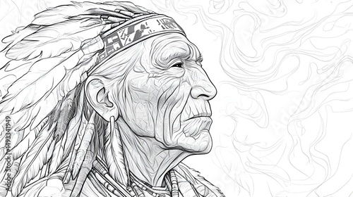 Calm and strong Native Indian elder, high-detail line art, soft backdrop