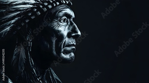 Native Indian warrior with serious expression, outlined head only