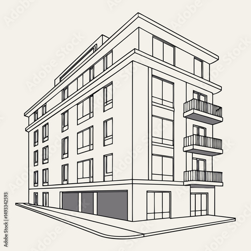 Modern apartment building architectural line drawing illustration