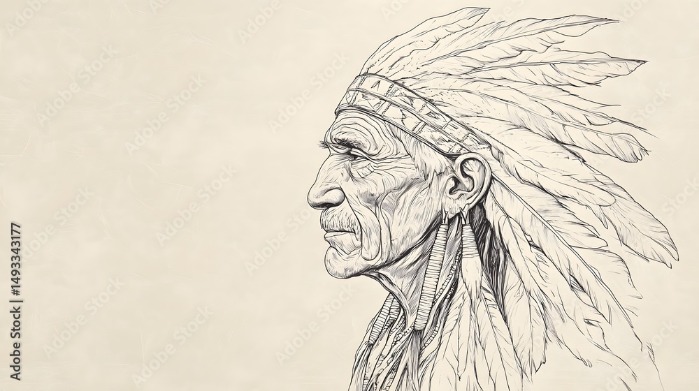 Fototapeta premium Side view line drawing of a Native Indian elder, light tone background