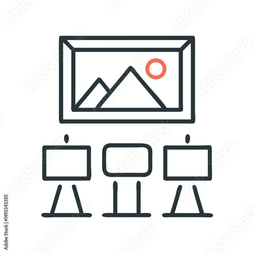 Art exhibition silhouette: framed artwork and easels, clean vector design