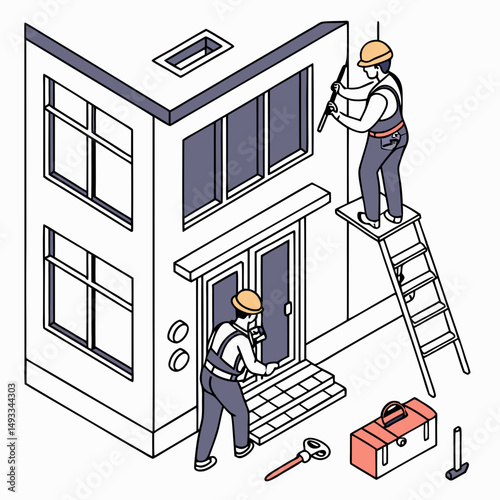 Two construction workers installing windows and door on house