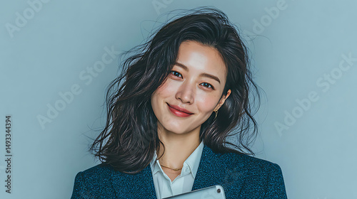 Confident Young Asian Businesswoman Holding Tablet Against Gradient Background – Professional Corporate Portrait for Technology, Business, and Modern Marketing Use