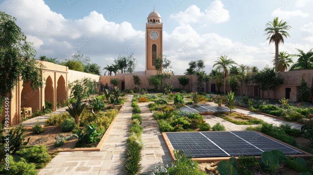 Desert oasis with lush gardens and solar panels Desert oasis with lush gardens and solar panels