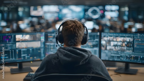 Person in office workspace with multiple digital screens