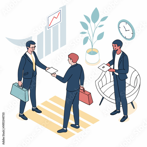 Businessmen exchanging documents in modern office setting