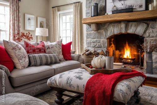Cozy living room with a crackling fireplace and soft furnishings.