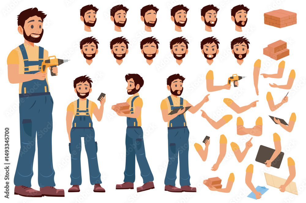 Obraz premium Builder character constructor for animation with parts set. Customized people collection with handyman poses, facial expressions heads, arms with tools, bricks, blueprint, more. Vector illustration.