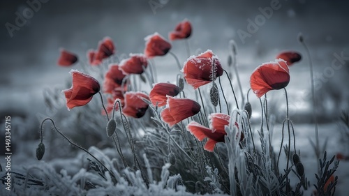 Red poppies in a frosty, snow-covered field, a vivid contrast of colors in a serene winter landscape. The delicate petals of the poppies are dusted with frost, creating a beautiful winter scene