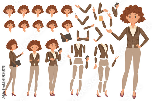 Businesswoman character constructor for animation with parts set. Customized people collection with woman poses, facial expressions heads, arms with phone, folder, coffee, more. Vector illustration.