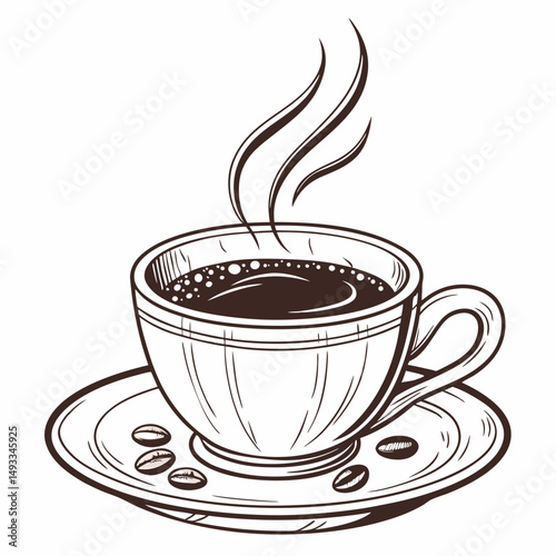 Steaming cup of coffee on saucer with coffee beans