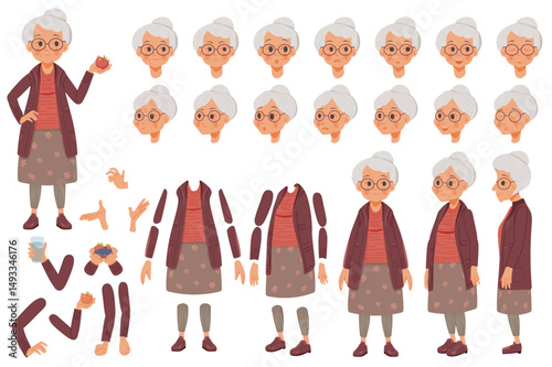 Grandmother character constructor for animation with parts set. Customized people collection with elderly woman poses, facial expressions heads with glasses, gesturing arms, more. Vector illustration.