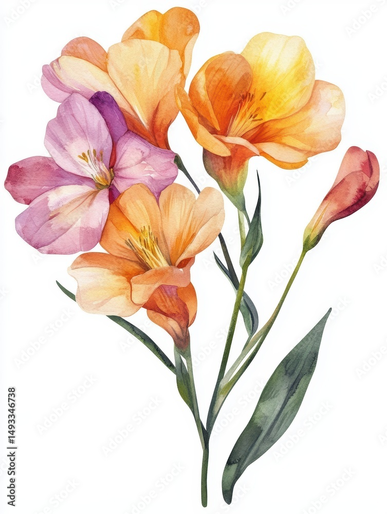 Fototapeta premium Watercolor freesia flower branch, gentle, elegant on white background