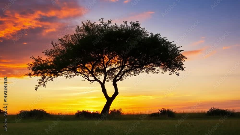 Silhouette of a tree at sunset, dramatic sky with orange and purple hues Silhouette of a tree at sunset, dramatic sky with orange and purple hues