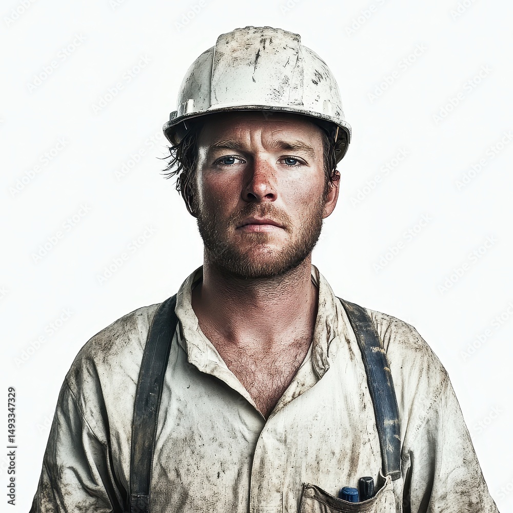 Fototapeta premium Portrait of a Determined Construction Worker in Hard Hat with Dirty Shirt Showing Dedication to Craft