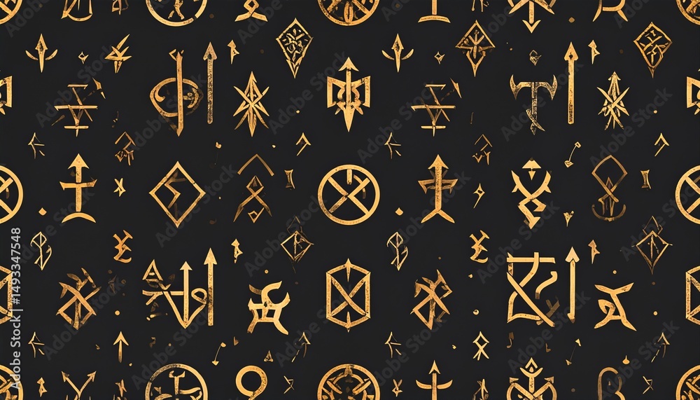 Intricate golden symbols and glyphs pattern on a dark background, abstract design Intricate golden symbols and glyphs pattern on a dark background, abstract design