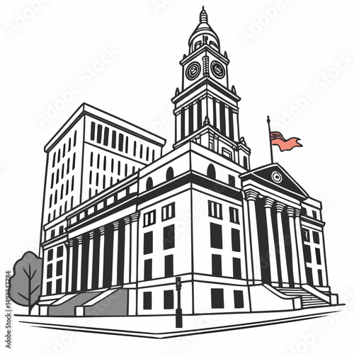 Historic city hall building architectural illustration black and white