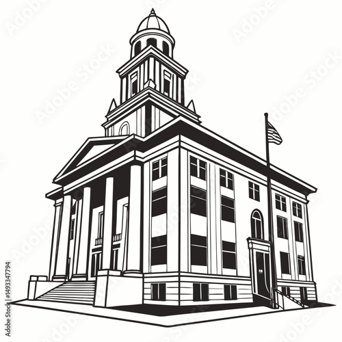 Classic courthouse building architectural illustration black and white
