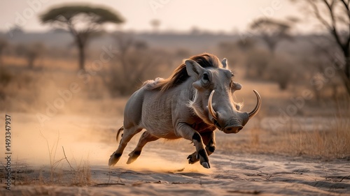 A wild warthog running in the savanna, capturing its speed and strength. The image depicts the animal in its natural environment
