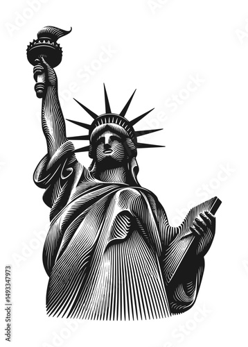 silhouette of miss liberty statue - guilloche style (artwork 1)