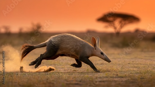 An aardvark in full stride across the African savanna, captured during the golden hour of sunset. Dust billows behind it as it runs