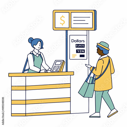 Woman exchanging currency at a bureau de change counter