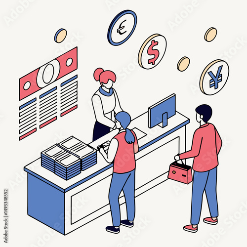 Currency exchange counter people money transaction business finance