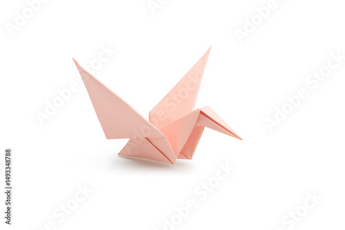 Delicate origami crane, pale pink paper, precision and simplicity. Minimalist symbol of hope and peace, isolated on white. Evokes serenity. #OrigamiArt