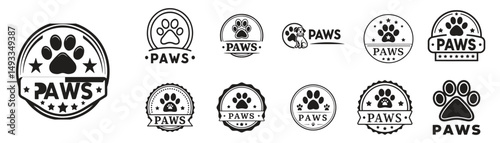 Monochrome PAWS Badge & Emblem Pack: Dog Paw, Cat Paw & Pet Shelter Designs