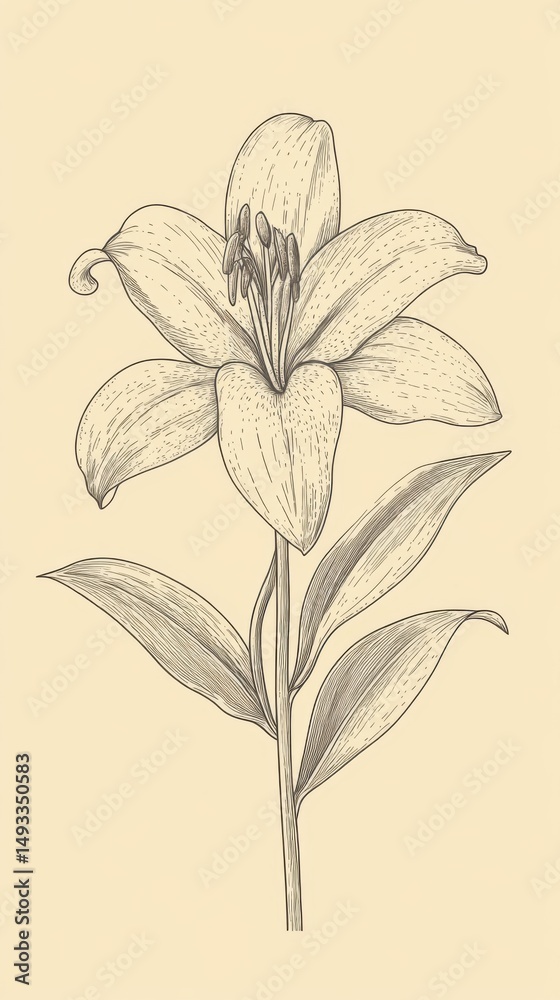 Obraz premium Detailed line art illustration of a lily flower with stem and leaves on beige background botanical drawing