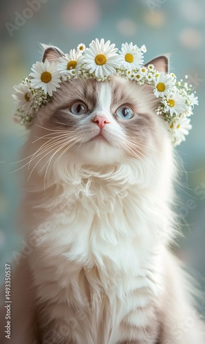 Adorable fluffy cat with blue eyes wearing a crown of daisies, set against a soft blurred background, exuding charm and elegance
