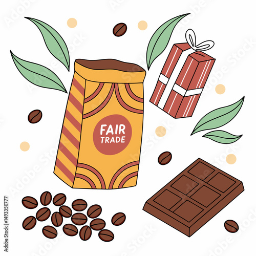 Fair trade coffee beans chocolate gift illustration