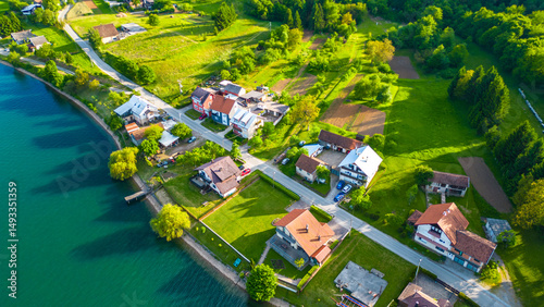 Scenic aerial view of lake (Jezero) Sabljaci near Ogulin, Croatia – a peaceful reservoir surrounded by forests and hills, perfect for outdoor activities and nature lovers photo