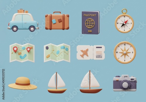 3d rendered travel icons collection, featuring car, suitcase, passport, and navigation tools.