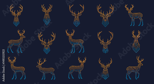 Geometric Deer Line Art Collection Orange and Blue Gradient