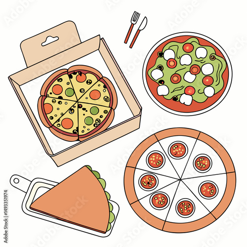 Delicious pizza and appetizers flatlay illustration on white background
