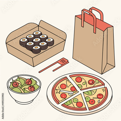 Delicious food delivery set pizza sushi salad paper bag