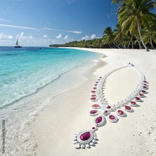 a beach made of pearls rubies and expensive stones