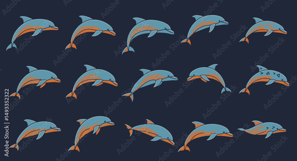Naklejka premium Repeating pattern of stylized blue dolphins with orange markings and playful poses