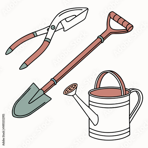 Gardening tools shovel trowel watering can spring planting