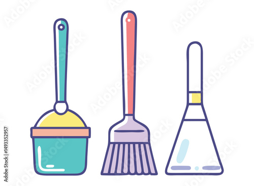 Brooms and mops equipment. Hygiene handling equipments objects vector illustration, household mop and housework broom tools isolated on white background.