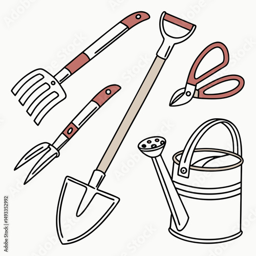 Gardening tools collection hand drawn illustration spade rake cultivator shears watering can