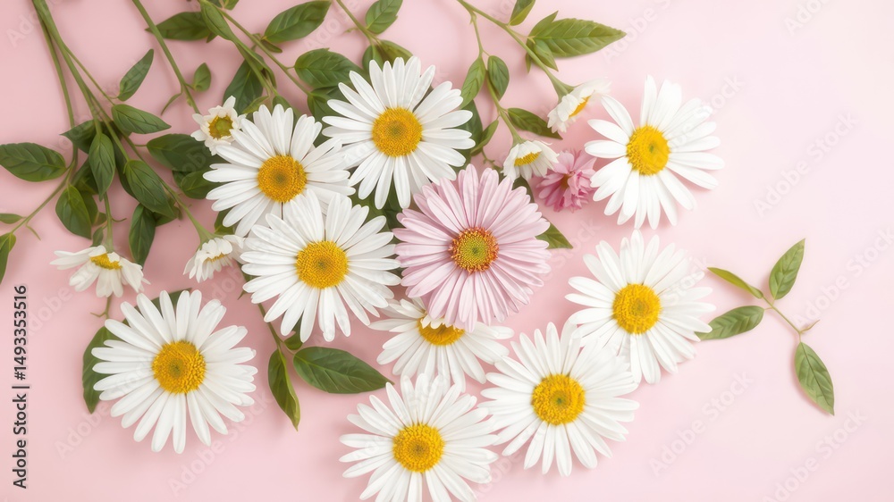 Obraz premium A Delicate Arrangement of White and Pink Daisies on a Soft Pink Background