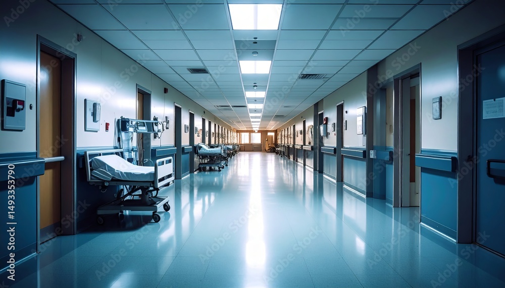 Obraz premium Long hospital corridor with beds, doors, and bright lights creates a sense of calmness.